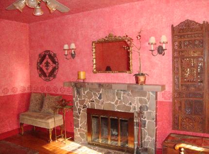 Living Room, South wall, wood burning fireplace